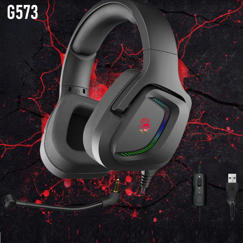 BLOODY G573 RGB 7.1 Wired Gaming Headset – Virtual Surround Sound, Detachable Mic, 50mm Drivers, RGB Lighting, Ergonomic 3D Ear Pads, USB – Black