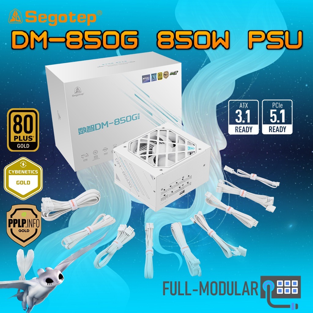 DM-850G-ATX-3.1-WH Segotep DM-850G ATX 3.1 PCIE5 850W PSU - Power Supply 850 Watt 80+ Gold Full Modular Segotep DM-850G 850W Digital Gold Power Supply ATX3.1 PCIe5.1 Ready 80PLUS Gold PPLP Certified Dual-Core MCU AI Monitoring HiMOS USB Blind Plug Compact High-Density Design