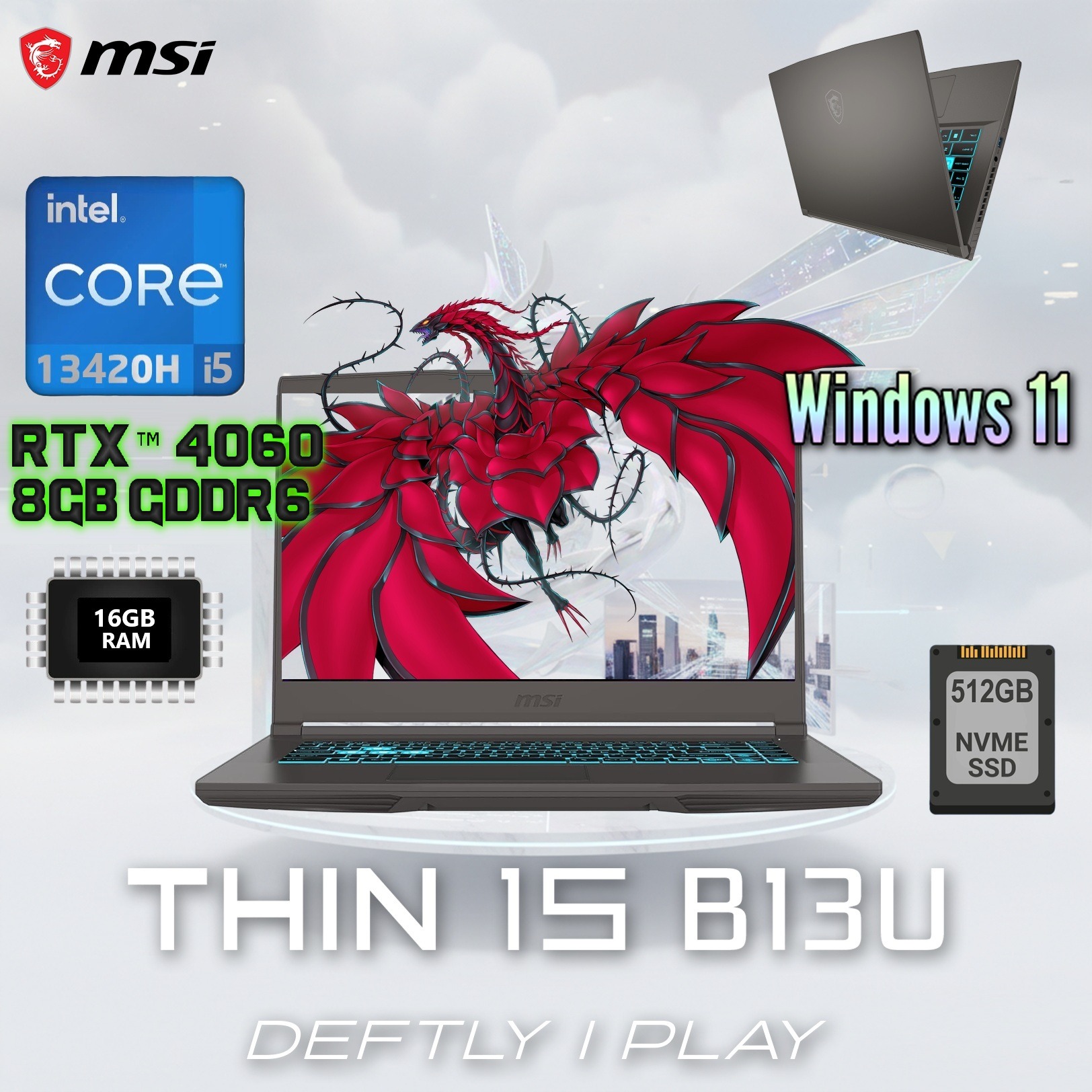 9S7-16R831-2829 MSI THIN 15 B13VF-2829US I5-13420H 16GB / 512GB / 15.6" FHD / 4060