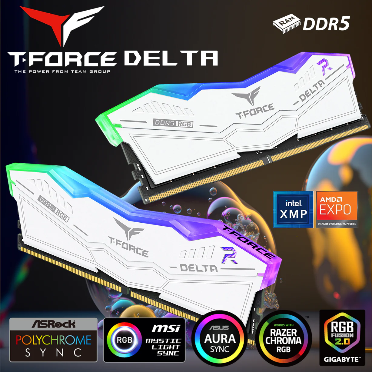 FF4D532G6000HC38JDC0 RAM TEAM TFORCE DELTA 6000 RGB 32GB (16X2) WHITE Team T-Force Delta RGB DDR5 32GB RAM White Kit (2 x 16GB) 288-Pin 6000MT/s PC5-48000 CL38 Intel XMP 3.0 & AMD EXPO Desktop Memory Model