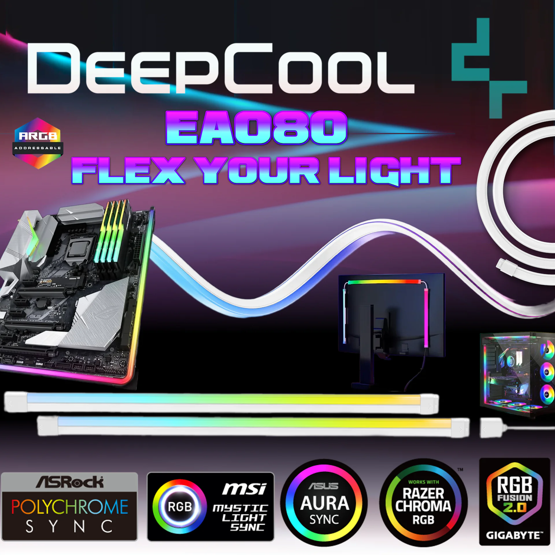 EA080 DEEPCOOL EA080 LUMINOUS ARGB 3-PIN STRIP 40mm WHITE DeepCool EA080 ARGB Light Strip Kit With 2×400mm Flexible SMD3535 LED Strips