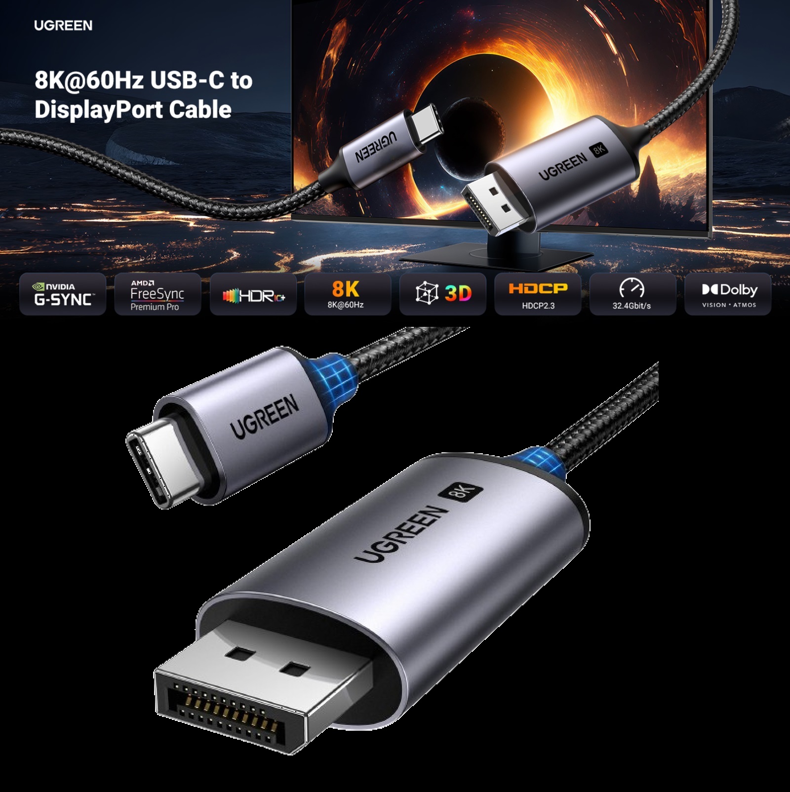 UGREEN-25157 UGREEN Cable USB C to DisplayPort 8K UGREEN USB C to DisplayPort 1.4 Cable 8K@60Hz 4K@240Hz Thunderbolt 4/3 to DisplayPort Cord USB C to DP 1.4 32.4Gbps Braided Compatible iPhone 15