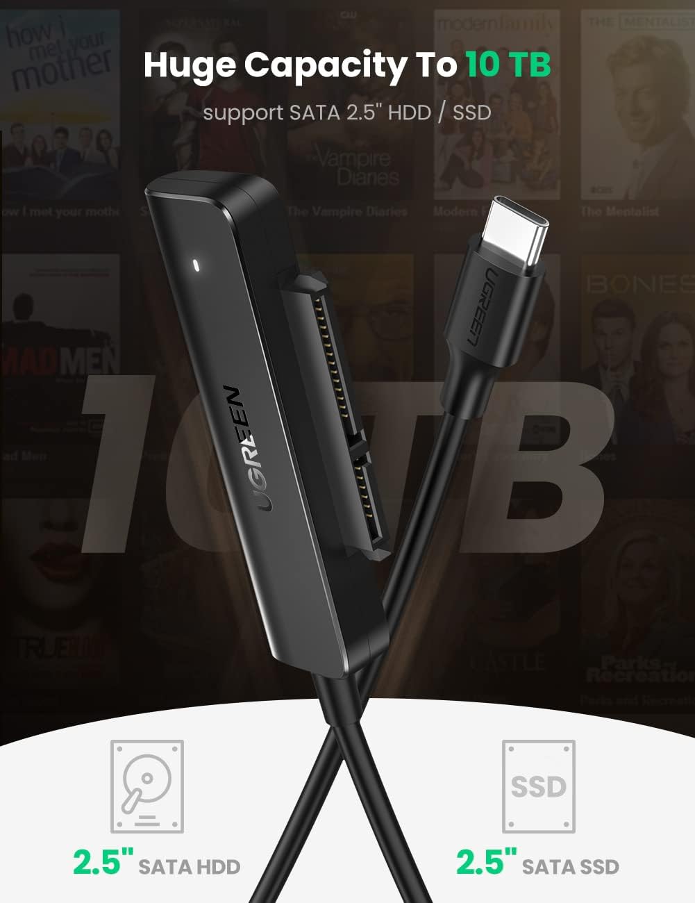 UGREEN-70610 UGREEN SATA to USB C Adapter Cable for SSD HDD UGREEN SATA to USB C Adapter Cable for 2.5" SSD and HDD Hard Drive Connector 5Gbps Support SATA III UASP Thunderbolt 3 Compatible with Samsung Seagate WD Hitachi Toshiba