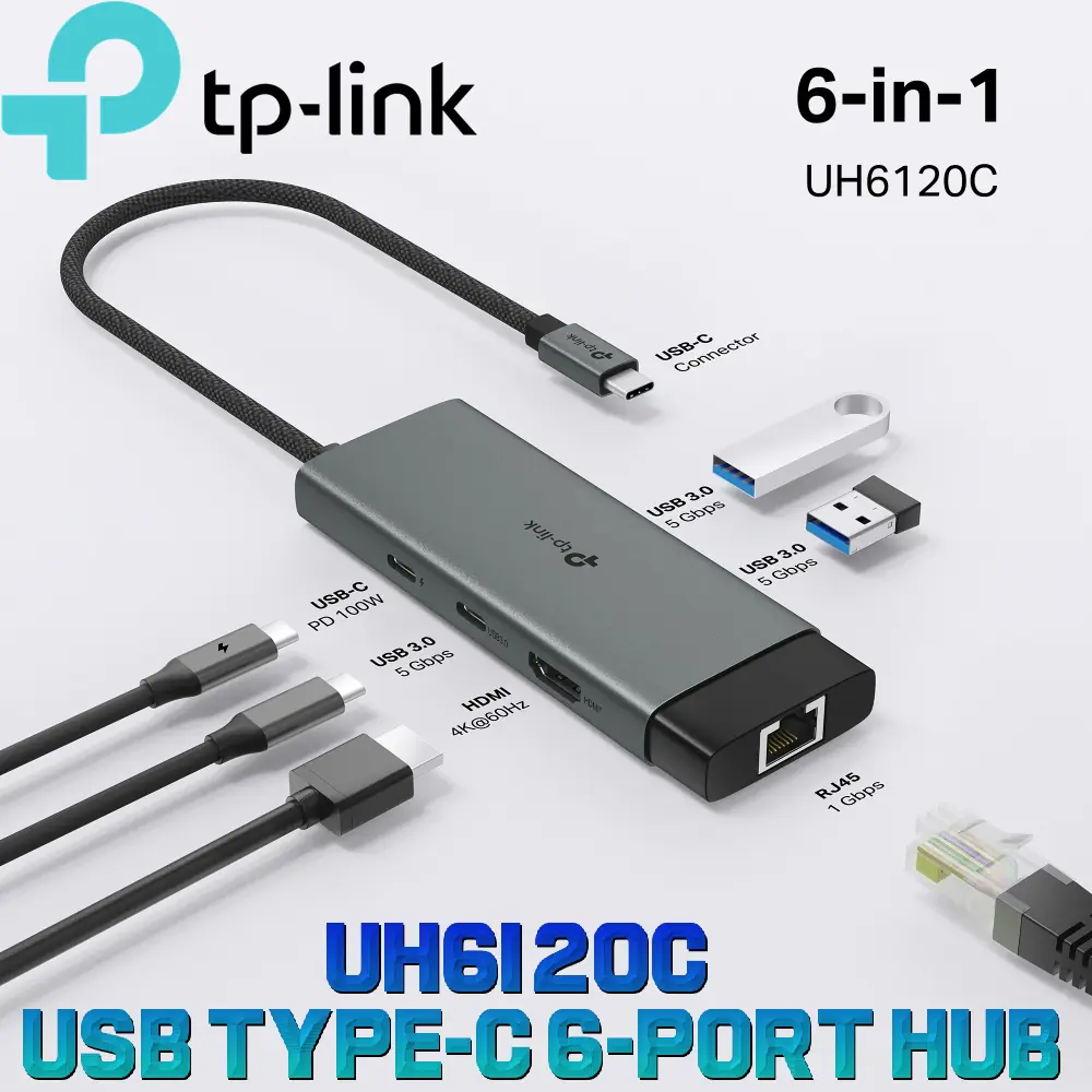 UH6120C TPLINK UH6120C USB TYPE-C 6-PORT HUB 4K 60Hz 100W RJ45 USB-A/C TP-Link UH6120C USB C Hub PD100W