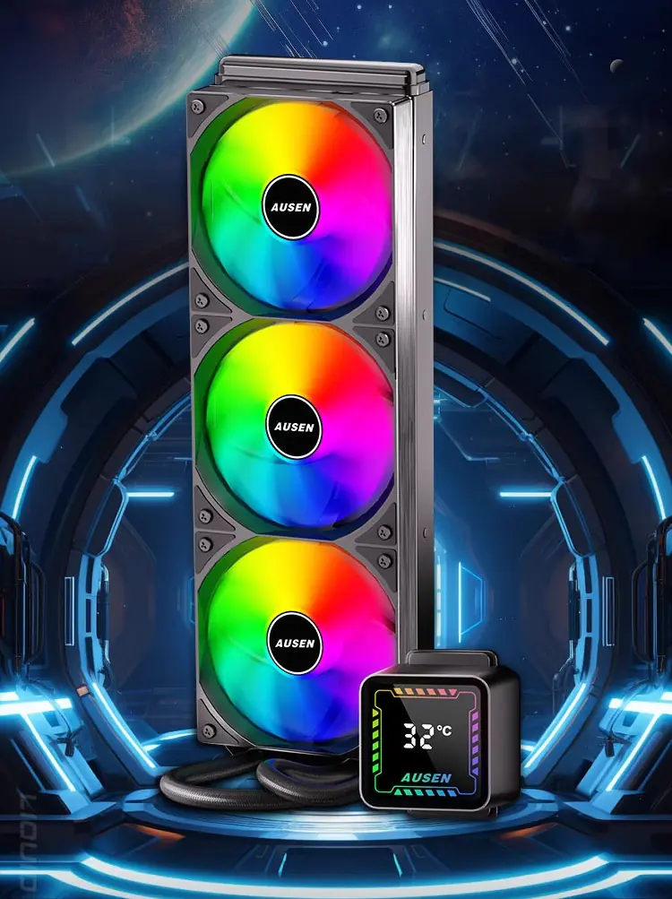 AUSEN GT360 AIO 360mm Liquid CPU Cooler – Triple 120mm ARGB Fans, LCD Display, 300W TDP, Copper Base & Aluminum Radiator, Multi-Socket Support, Black