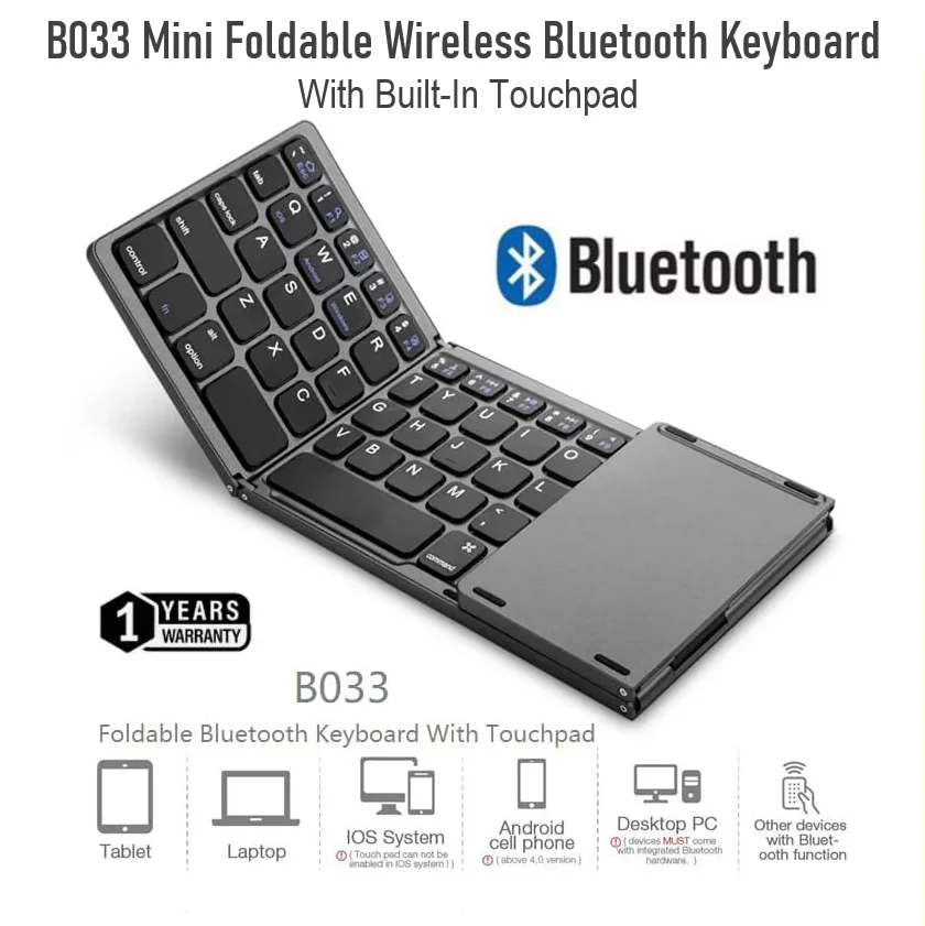 KEYBOARD-B033-GREY FOLDABLE B033 BLUETOOTH KEYBOARD WITH TOUCHPAD GREY B033 Mini Foldable Wireless Bluetooth Keyboard With Built-In Touchpad – 64 Keys