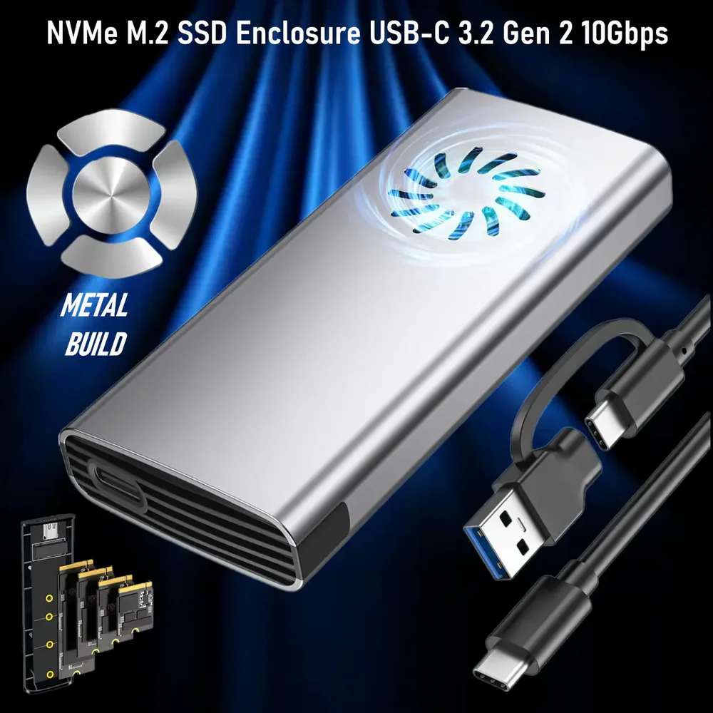 M15-FAN ENCLOSURE M15 REALTEK 9220NVME SOLID STATE SSD USB 3.1 TYPE-C 20G DUAL+ ALUMINUM SILVE NVMe M.2 SSD Metal Enclosure USB-C 3.2 Gen 2 10Gbps Adapter With  Tool-Free Design