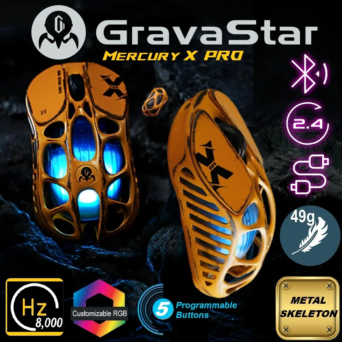 Mercury X Pro 8K Wireless Gaming Mouse 505483-MERCURY-XP-BY Mercury X Pro 8K Wireless Gaming Mouse GRAVASTAR Mercury X Pro 8K Wireless Worn Edition-Yellow Gaming  Mouse with X Pro 8000Hz Dongle – Lightweight 49g